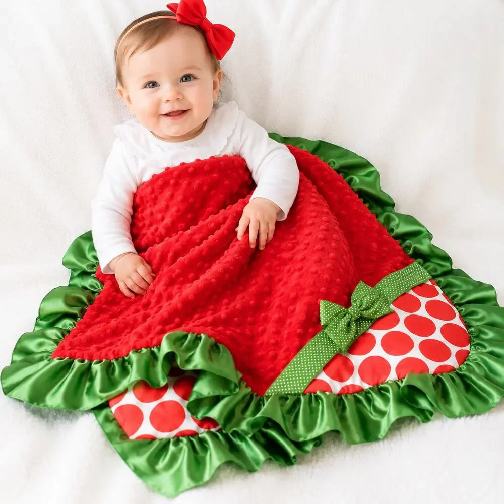 Boutique Christmas Minky Baby Blanket Satin Ruffle 34x32 NWT Photo Prop